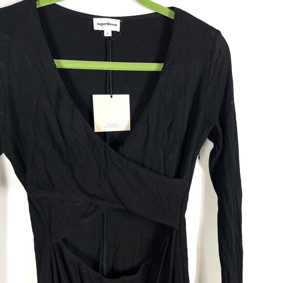 Superdown Ayla Cut Out Romper Black Ribbed Long Sleeve V-Neck Jersey Sz L - Picture 10 of 15